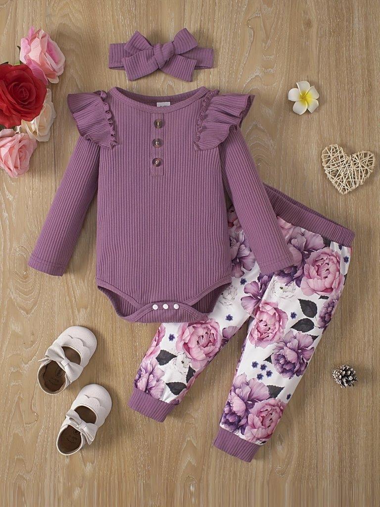 Baby Purple Ruffle Bodysuit And Floral Pants Set