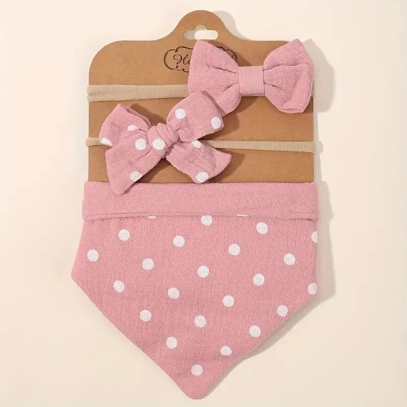 Baby Reversable Bandana Dusty Pink Bib With 2 Piece Headband Set