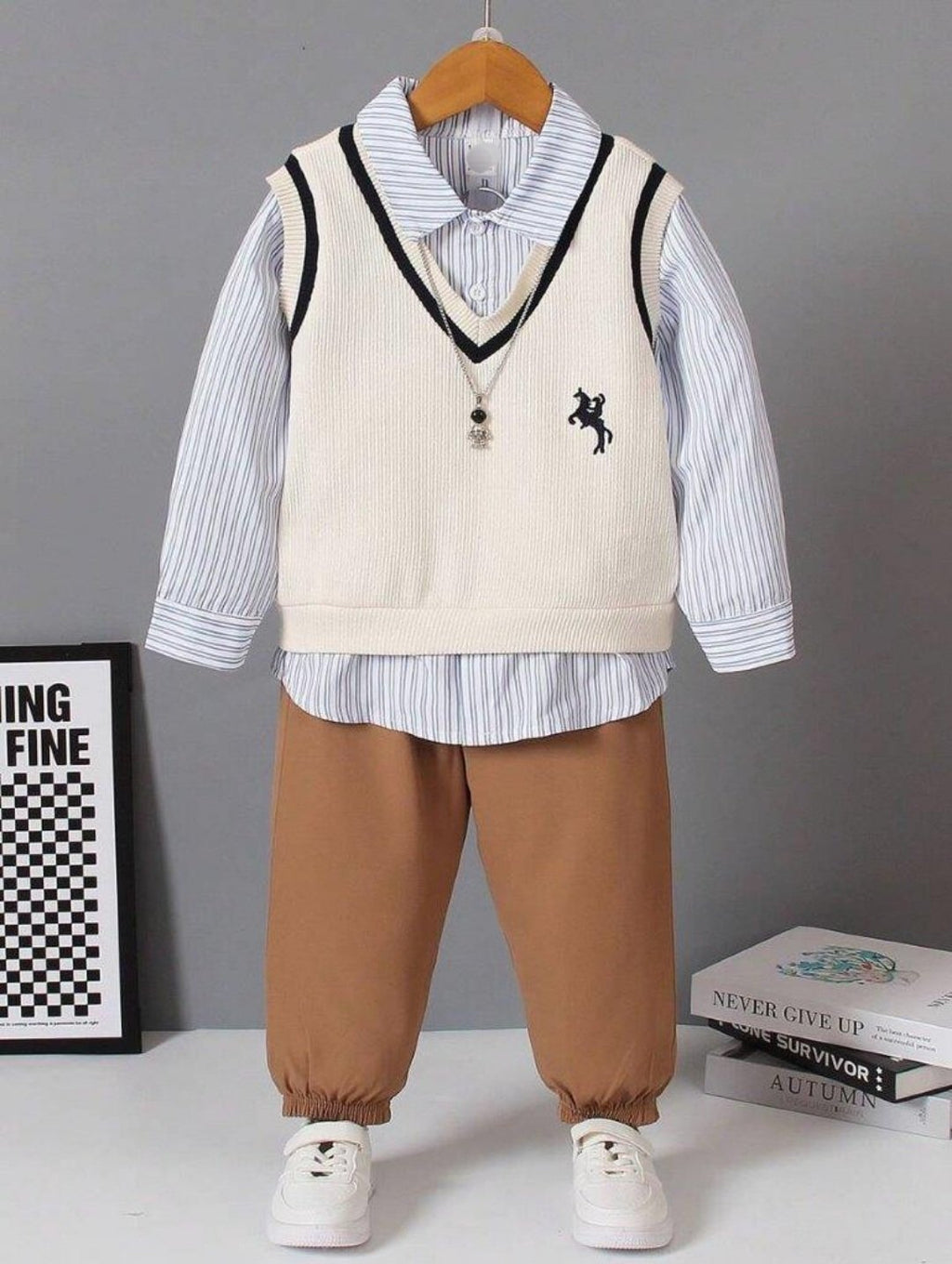 Toddler Boys Striped Shirt And Pants With Vest Set