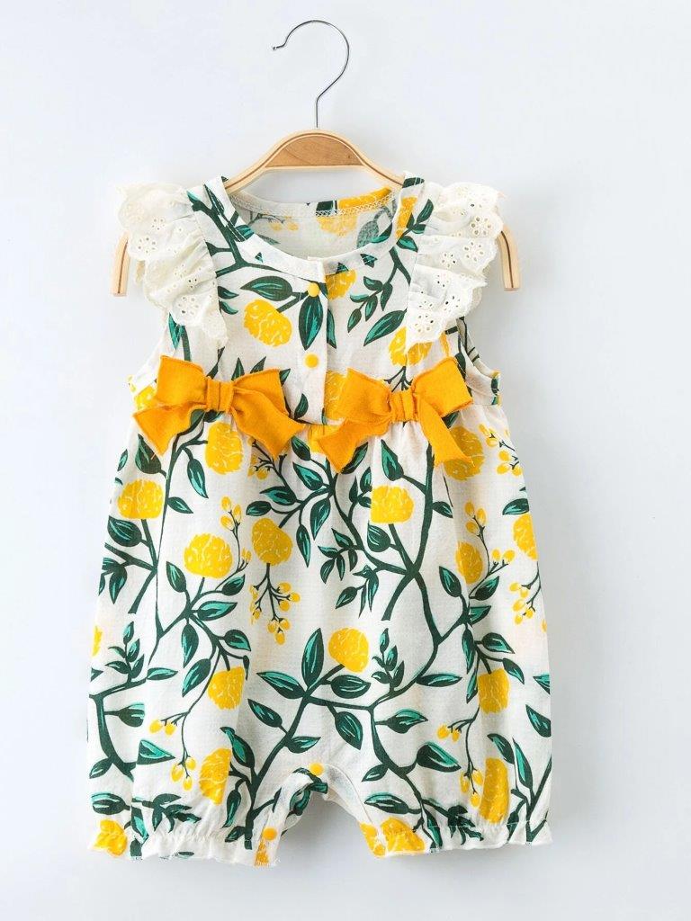 Baby Yellow Double Bow Print Romper