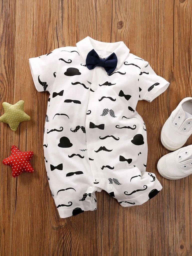 Bow Tie Moustache Print Baby Grow