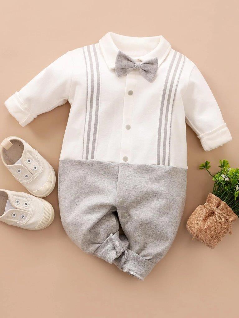 Baby Front Stripe Bow Tie Jumpsuit