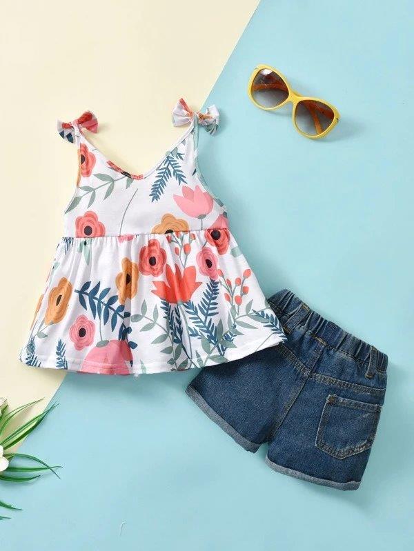 Toddler Girls floral Cami And Denim Shorts Set