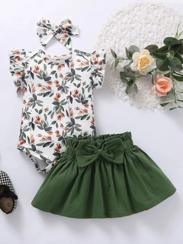 Baby Short Sleeve Ruffle Floral Bodysuit 3 Piece Set