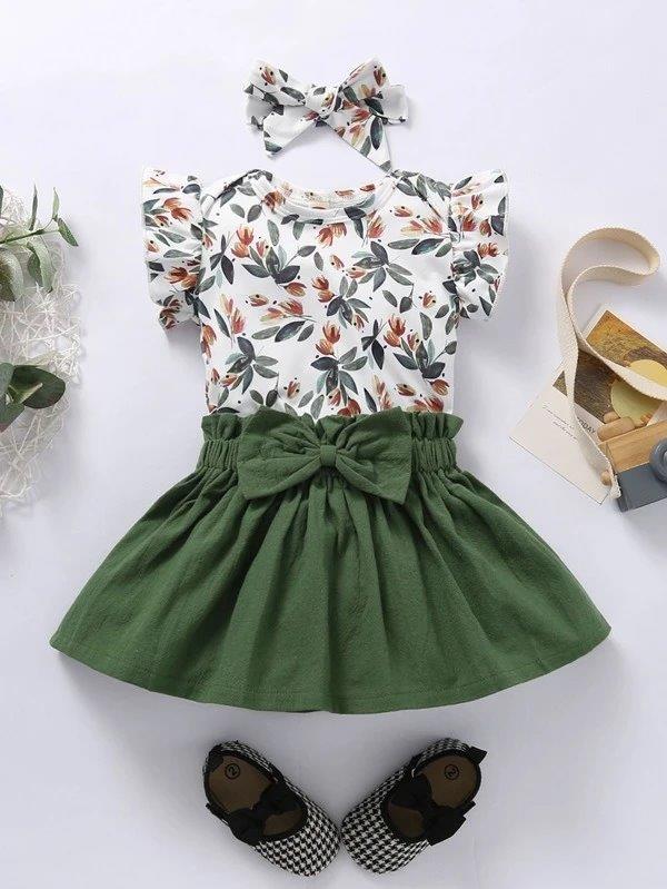 Baby Short Sleeve Ruffle Floral Bodysuit 3 Piece Set