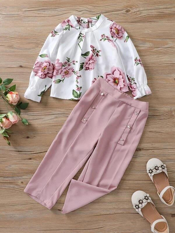 Toddler Girls Floral Top And Button Pants Set