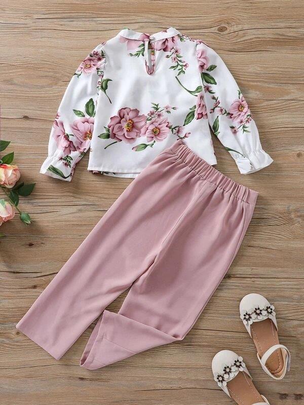 Toddler Girls Floral Top And Button Pants Set