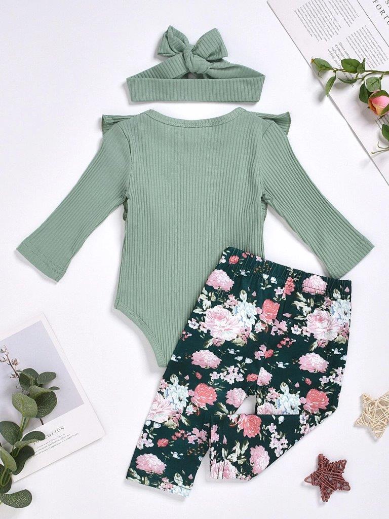 Green Ruffle Bodysuit And Floral Pants Set
