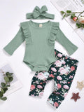 Green Ruffle Bodysuit And Floral Pants Set