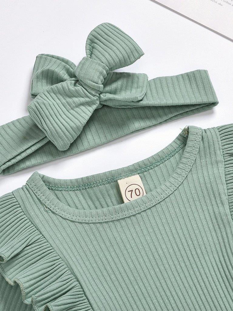 Green Ruffle Bodysuit And Floral Pants Set