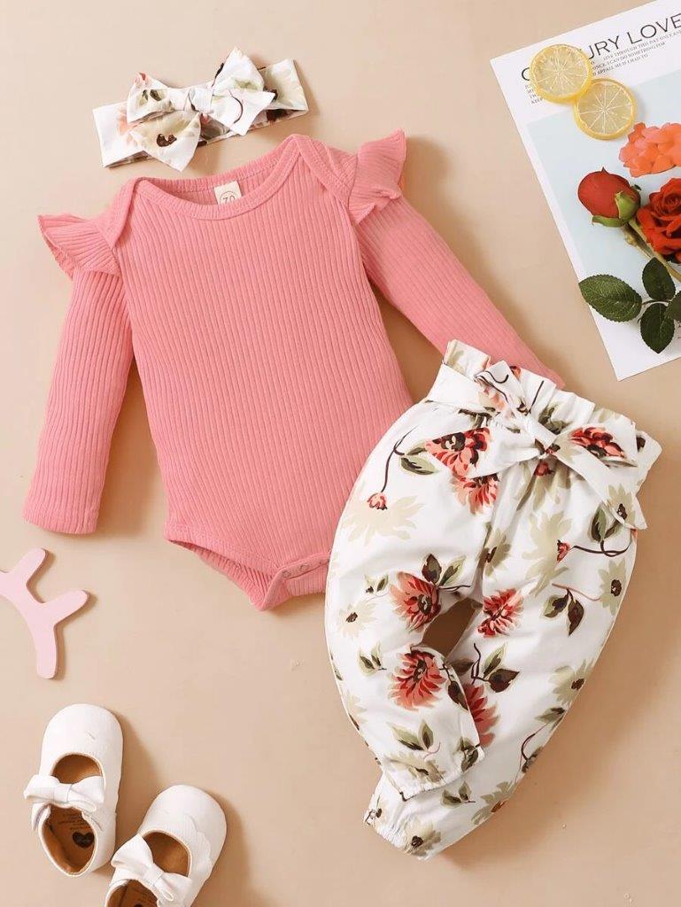Baby Pink Ribbed Bodysuit And Pants Set