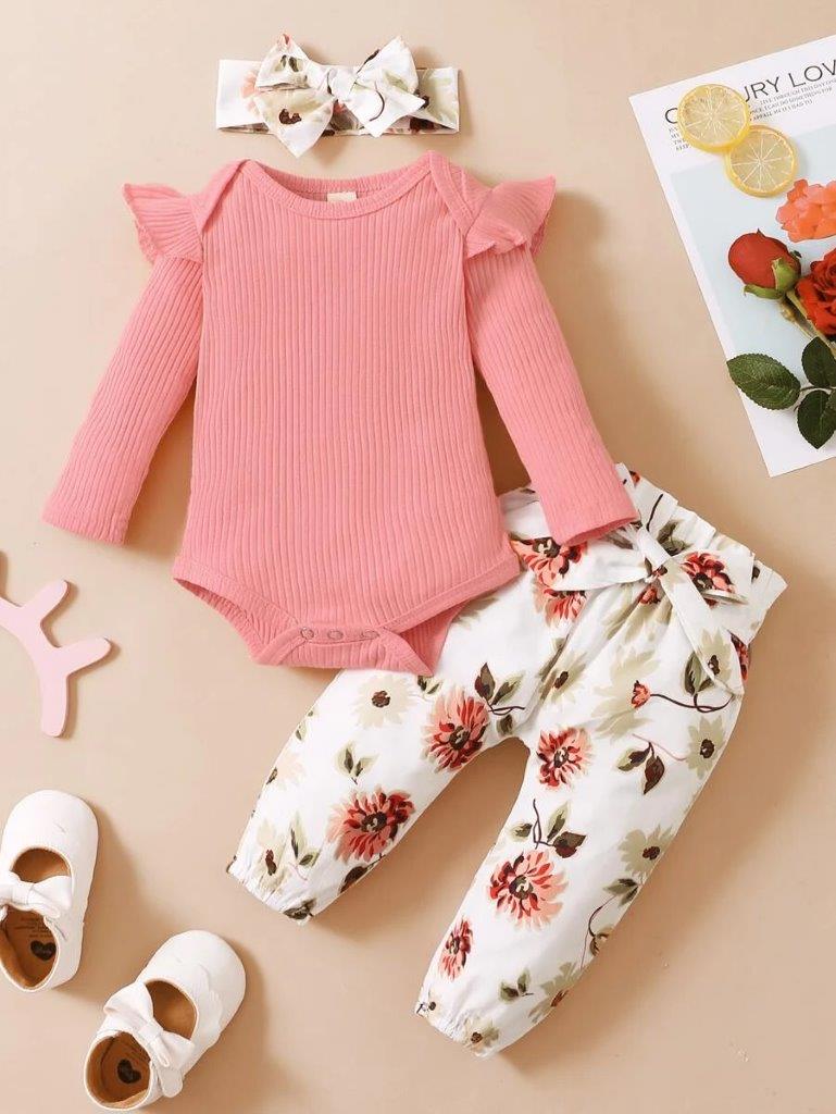 Baby Pink Ribbed Bodysuit And Pants Set