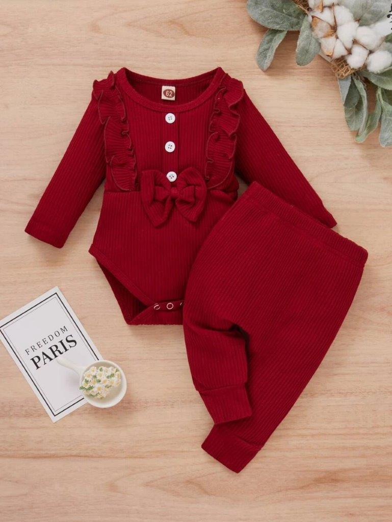 Baby Burgundy Ruffle Bodysuit And Pants Set