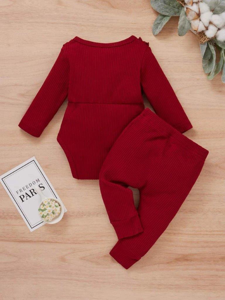 Baby Burgundy Ruffle Bodysuit And Pants Set