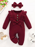 Baby Maroon Button Jumpsuit With Headband