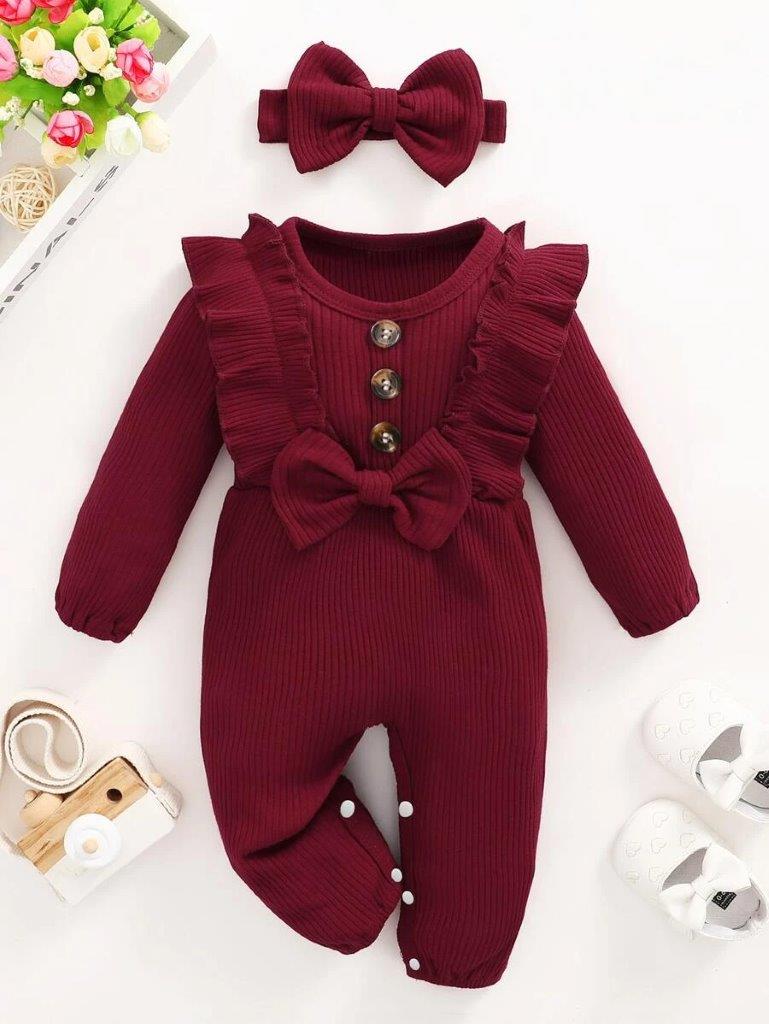 Baby Maroon Button Jumpsuit With Headband