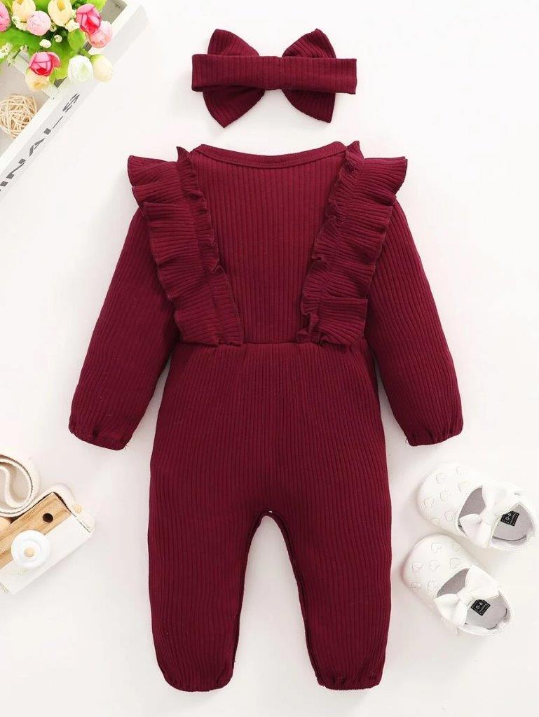 Baby Maroon Button Jumpsuit With Headband
