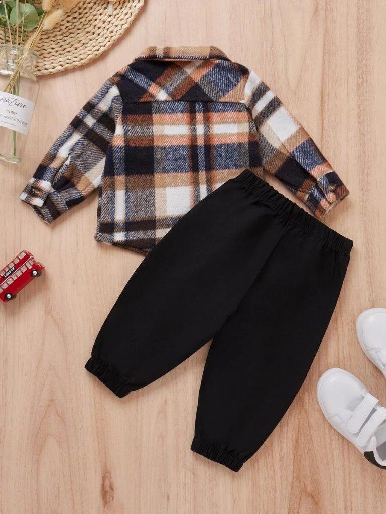 Baby Plaid Overcoat Shirt With Pants Set