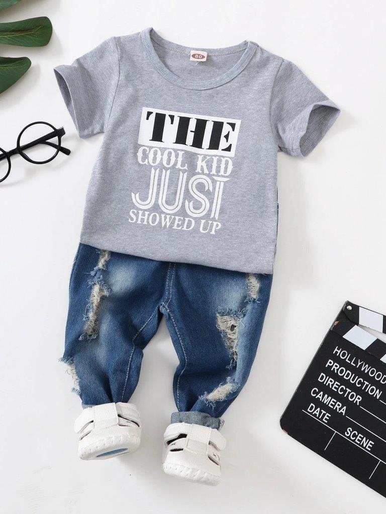Baby Slogan Tee And Ribbed Jeans Set