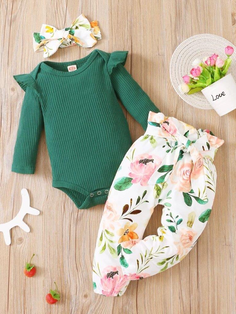 Baby Green Ribbed Bodysuit And Pants Set