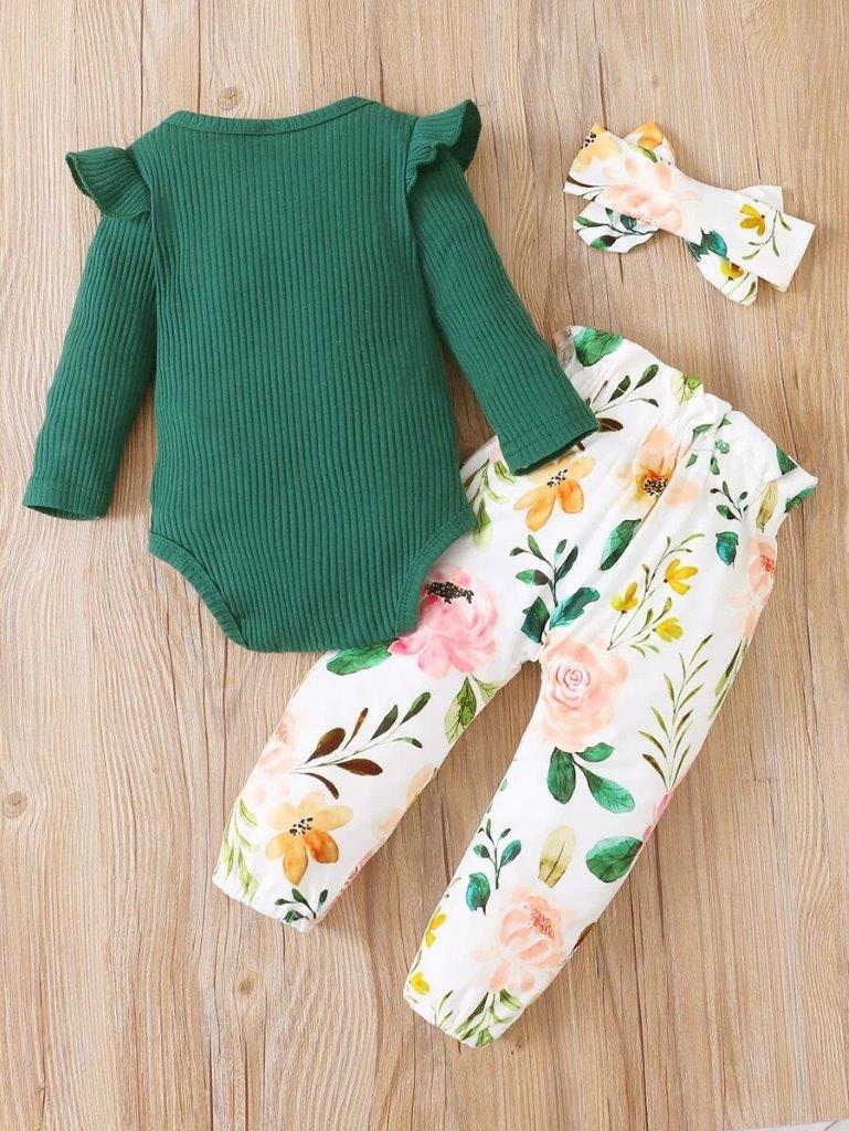 Baby Green Ribbed Bodysuit And Pants Set