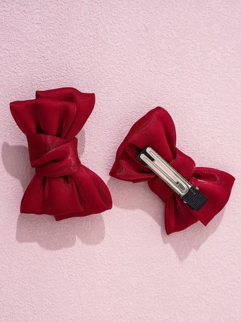 2 Piece Bowknot Silk Hair Clips Burgundy
