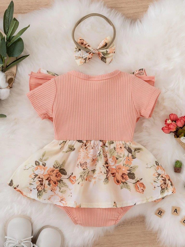 Baby Floral Ruffle Bodysuit Dress With Headband