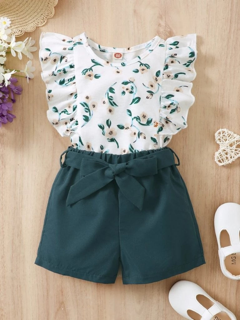 Baby Floral Print Tee And Green Shorts Set