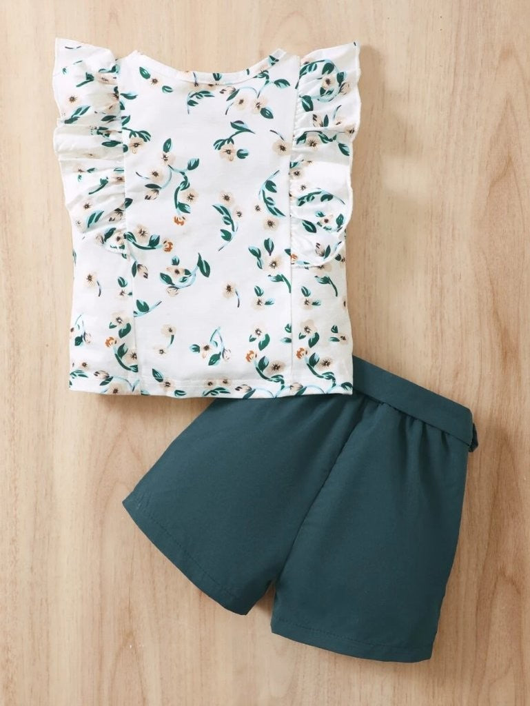 Baby Floral Print Tee And Green Shorts Set