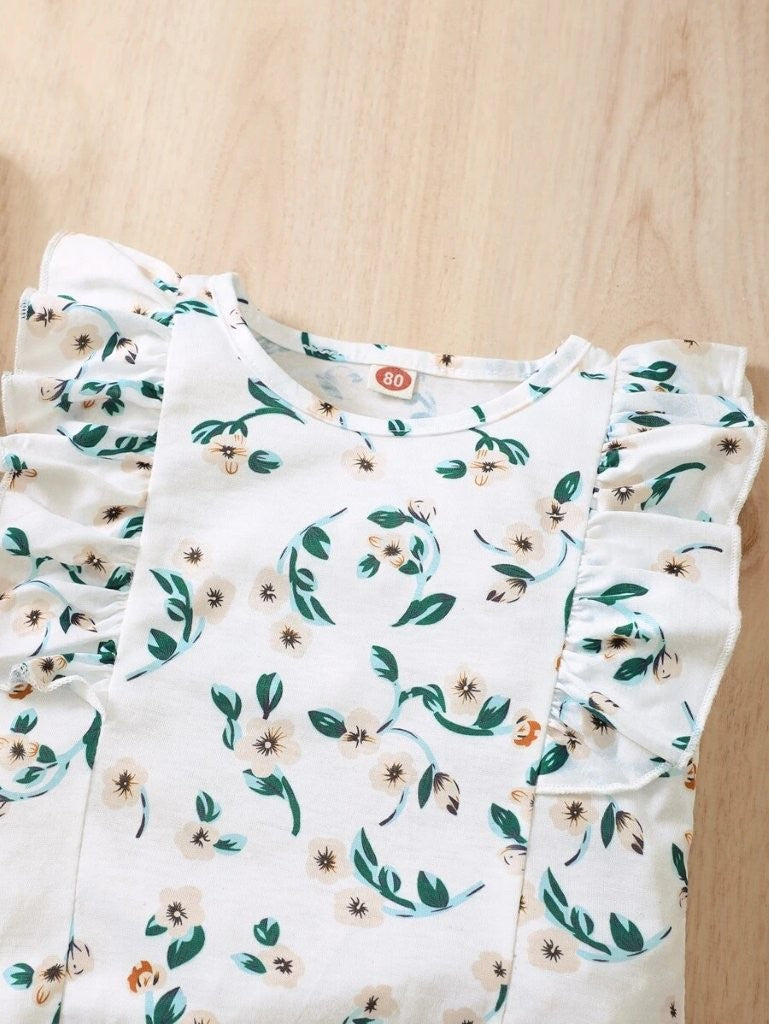 Baby Floral Print Tee And Green Shorts Set