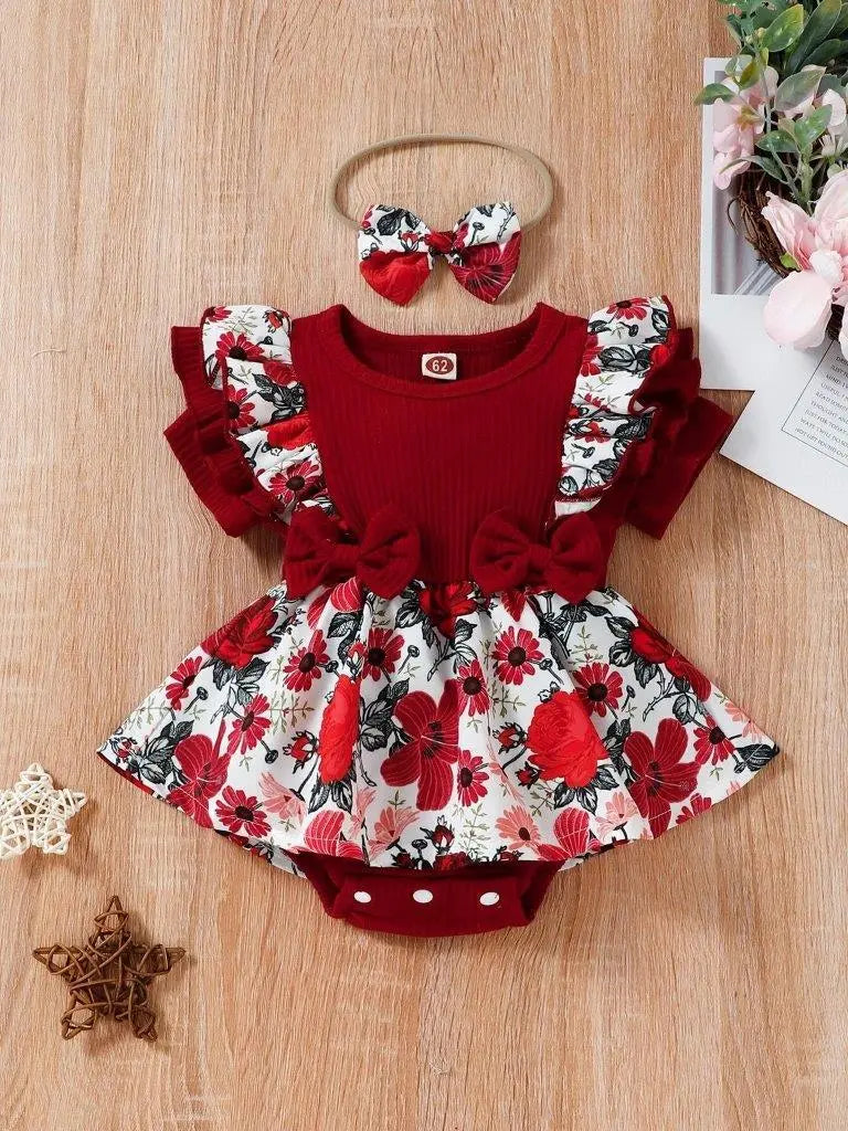 Baby Floral Ruffle Bodysuit Dress With Headband Burgundy