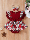 Baby Floral Ruffle Bodysuit Dress With Headband Burgundy