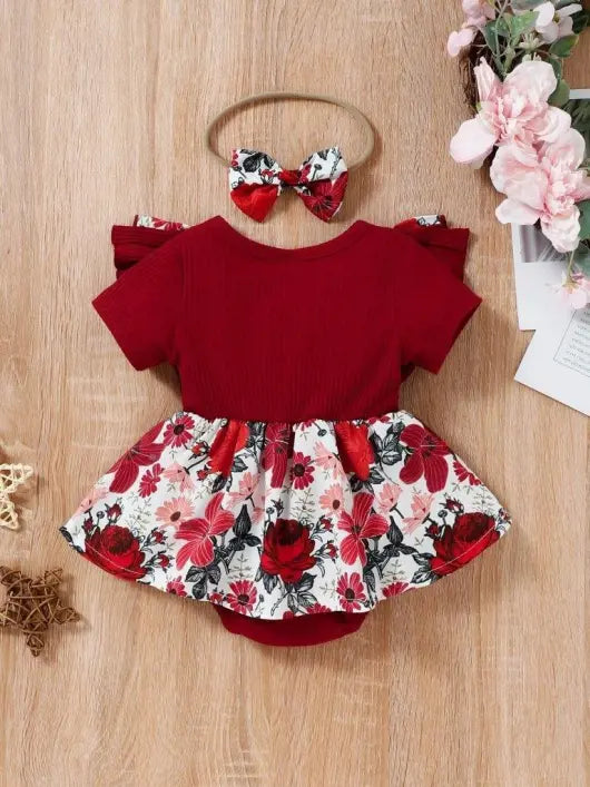 Baby Floral Ruffle Bodysuit Dress With Headband Burgundy