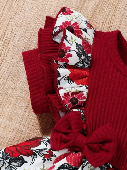 Baby Floral Ruffle Bodysuit Dress With Headband Burgundy