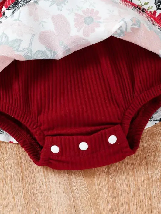 Baby Floral Ruffle Bodysuit Dress With Headband Burgundy