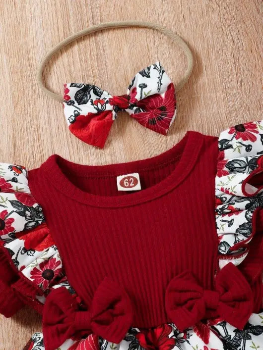 Baby Floral Ruffle Bodysuit Dress With Headband Burgundy