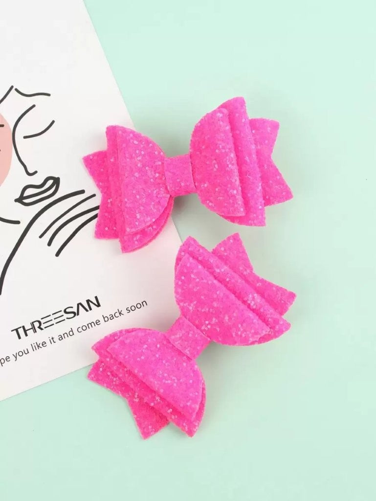 2 Piece Glitter Hot Pink Bow Hair Clips