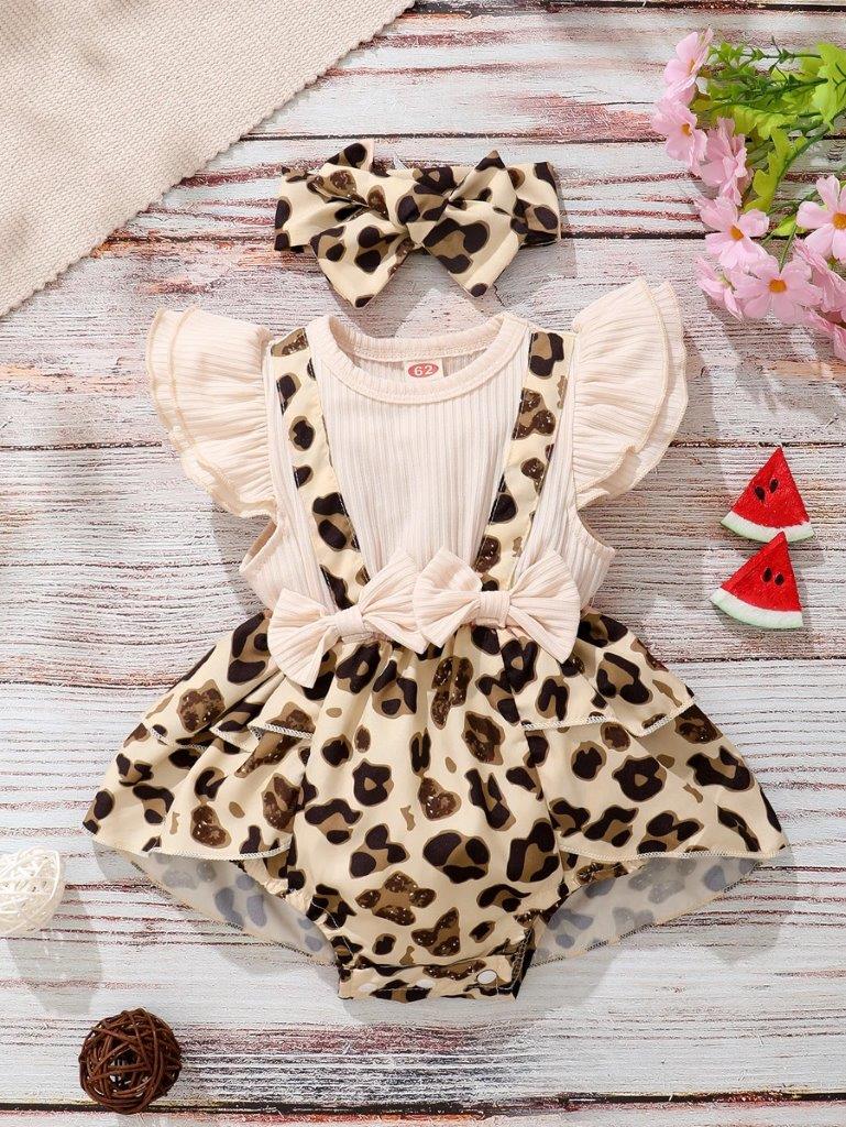Baby Leopard Print Bodysuit Dress With Headband
