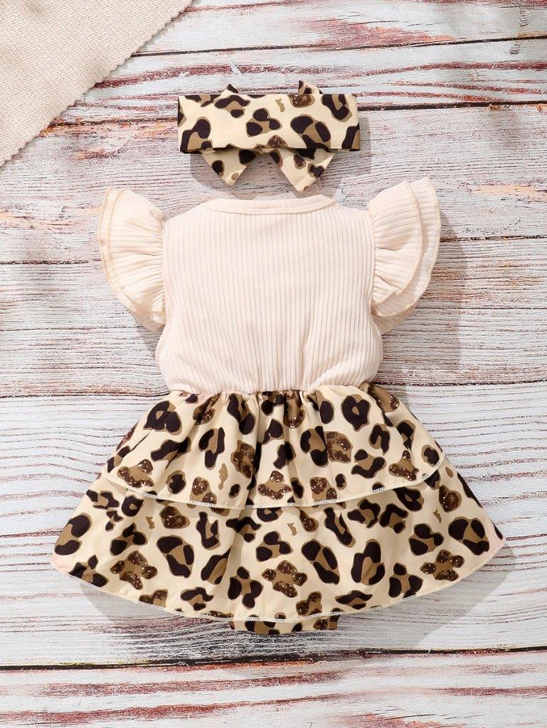Baby Leopard Print Bodysuit Dress With Headband
