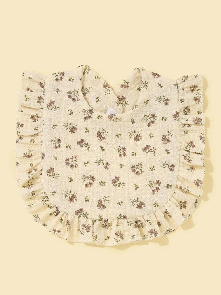 Baby Crepe Floral Ruffle Bib Beige