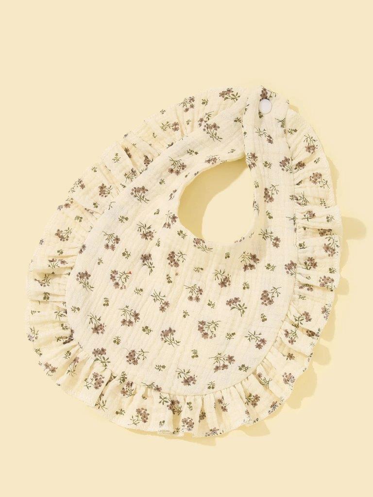 Baby Crepe Floral Ruffle Bib Beige