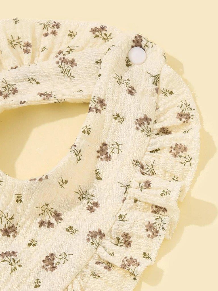 Baby Crepe Floral Ruffle Bib Beige