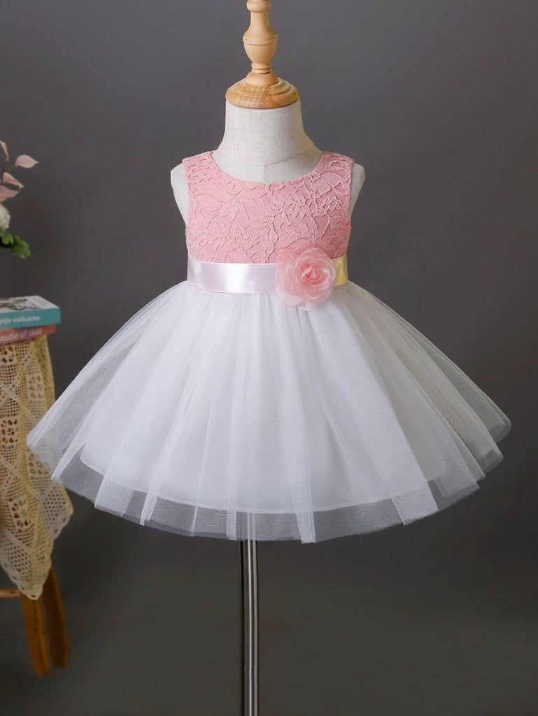 Baby Lace Mesh Party Dress Pink And White