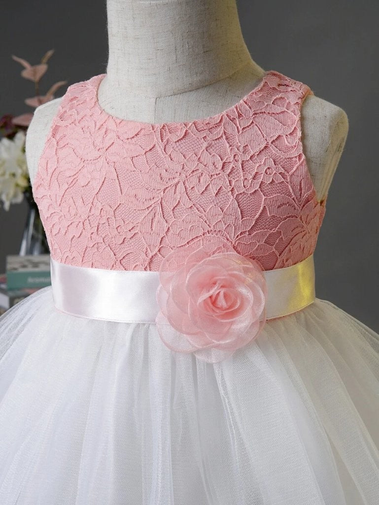 Baby Lace Mesh Party Dress Pink And White