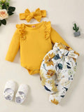 Baby Mustard Bodysuit And Pants Set With Headband
