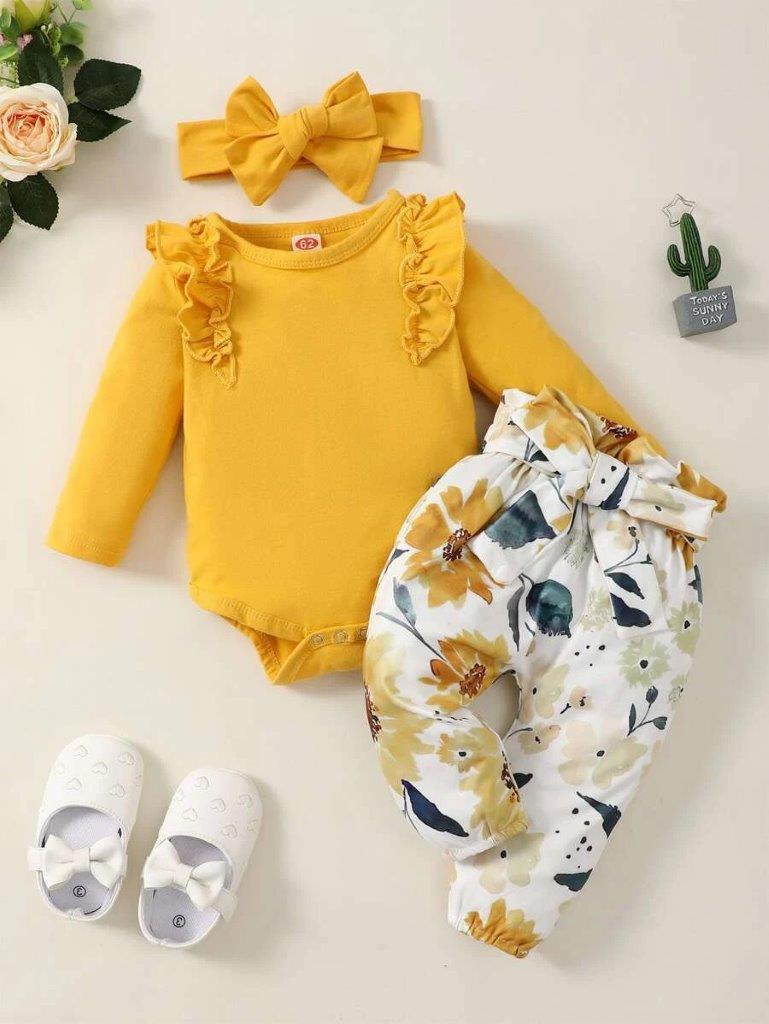 Baby Mustard Bodysuit And Pants Set With Headband