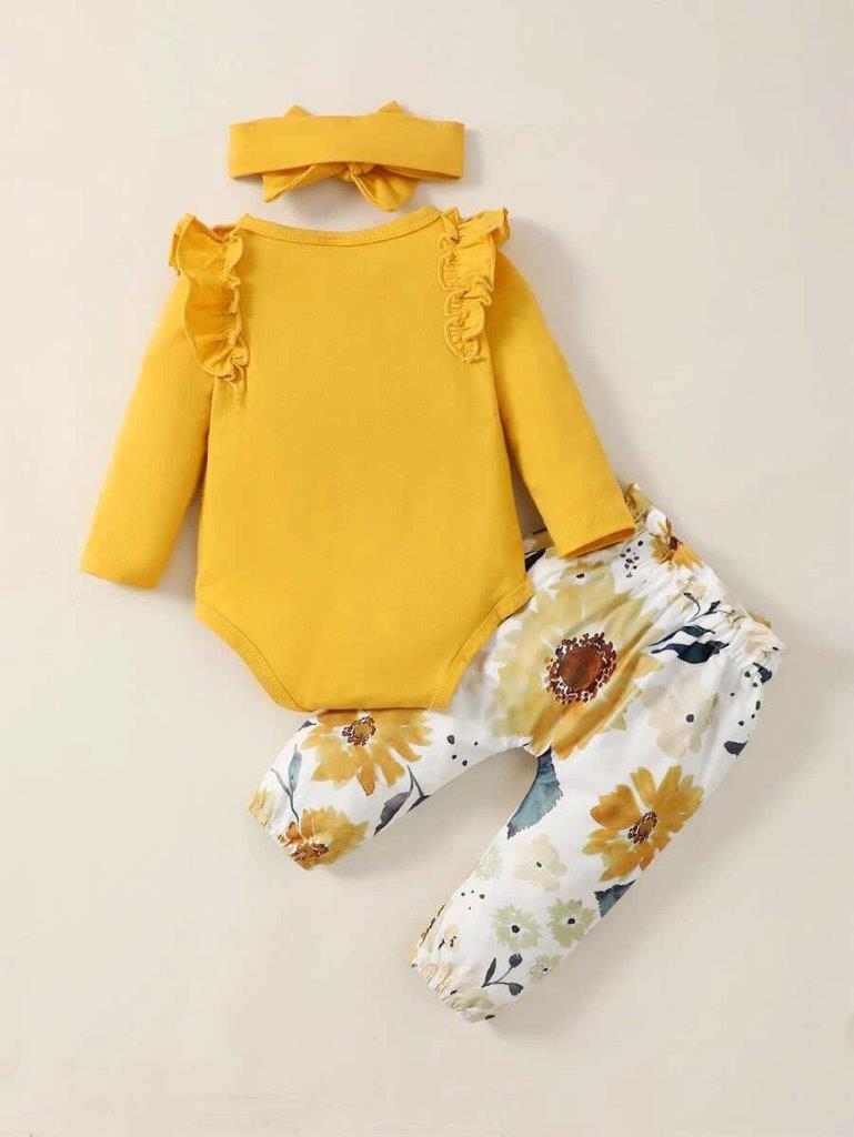 Baby Mustard Bodysuit And Pants Set With Headband