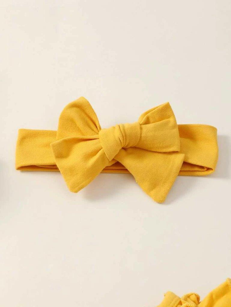 Baby Mustard Bodysuit And Pants Set With Headband