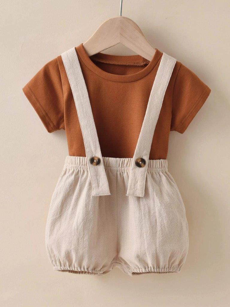Baby Tee And Suspender Shorts Set