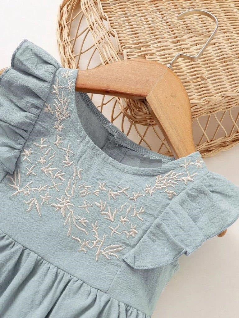 Baby Dusty Blue Embroidery Ruffle Dress